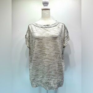 Weekends by Chico’s Olive Taupe & Ivory Subtle Stripe Boat Neck Cap Sleeve Tee